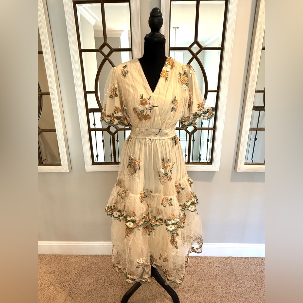 Elegant Embroidered Cream Midi Dress with Floral Detail